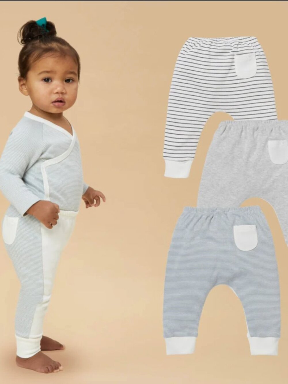 Baby Mori Everyday Bamboo Cotton Jogger Pants 3 Pack (Blue Stripe, Grey) 2-3Y
